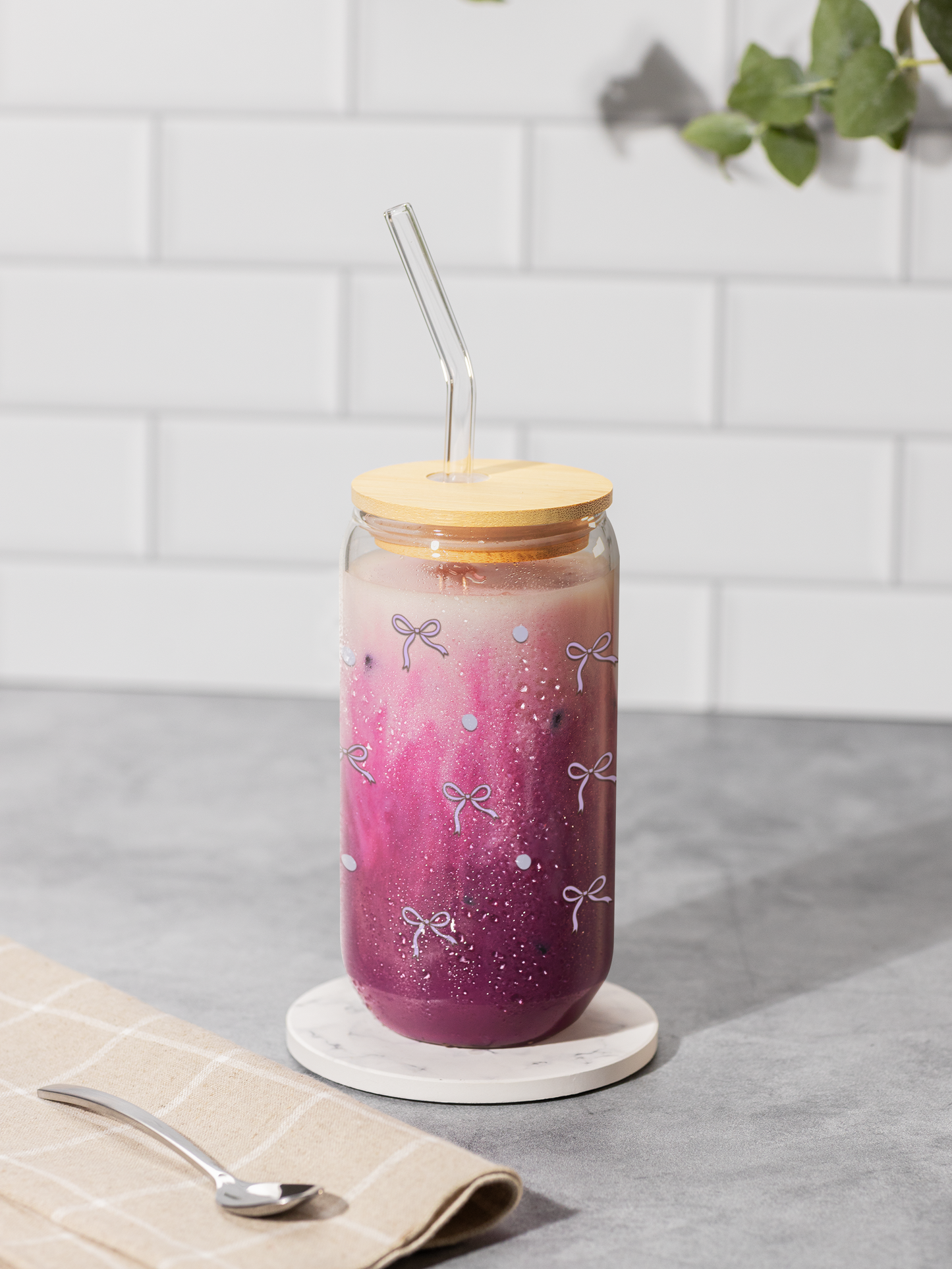 Coquette Glass Tumbler, Reusable Can Glass, Purple Glass Cup Gift, Bamboo Lid Tumbler, Bow Iced Coffee Glass Cup