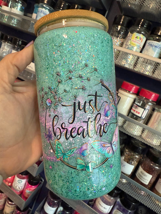 16oz Glass Snowglobe with Handle - Just Breathe