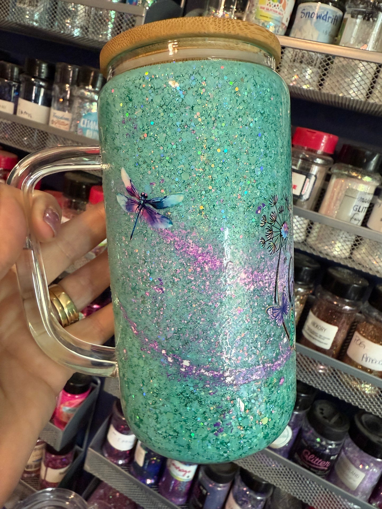 16oz Glass Snowglobe with Handle - Just Breathe