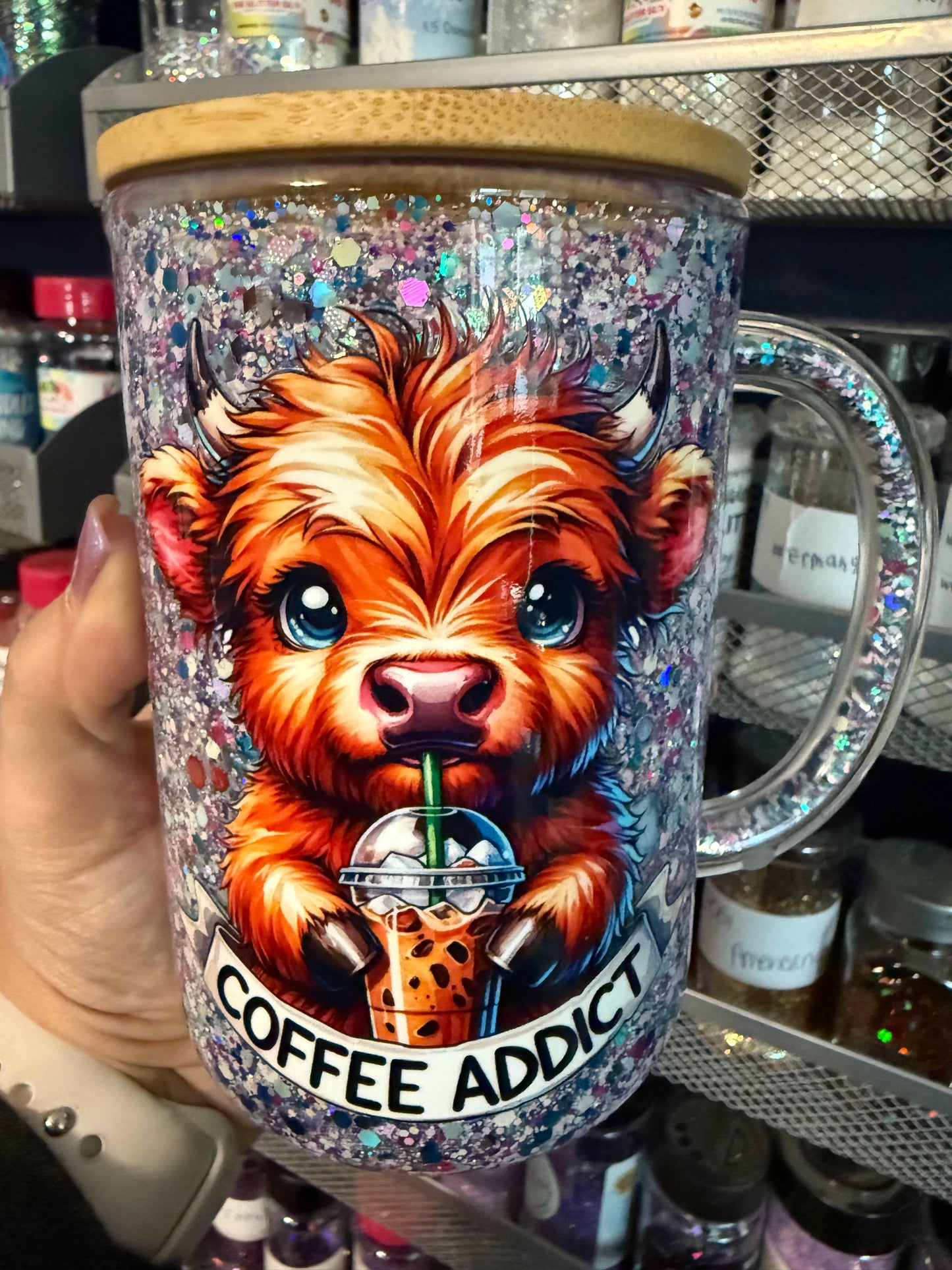 120z Glass Snowglobe Coffee Cup - Cow