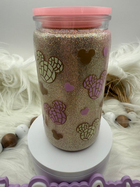 16oz Acrylic Dry Glitter - Mouse Heads with Pink Lid