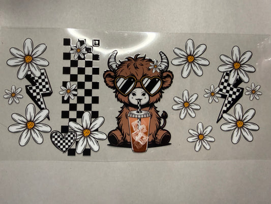 Cow with a Drink and Flowers wrap for 16oz, 20oz, 24oz, 40oz