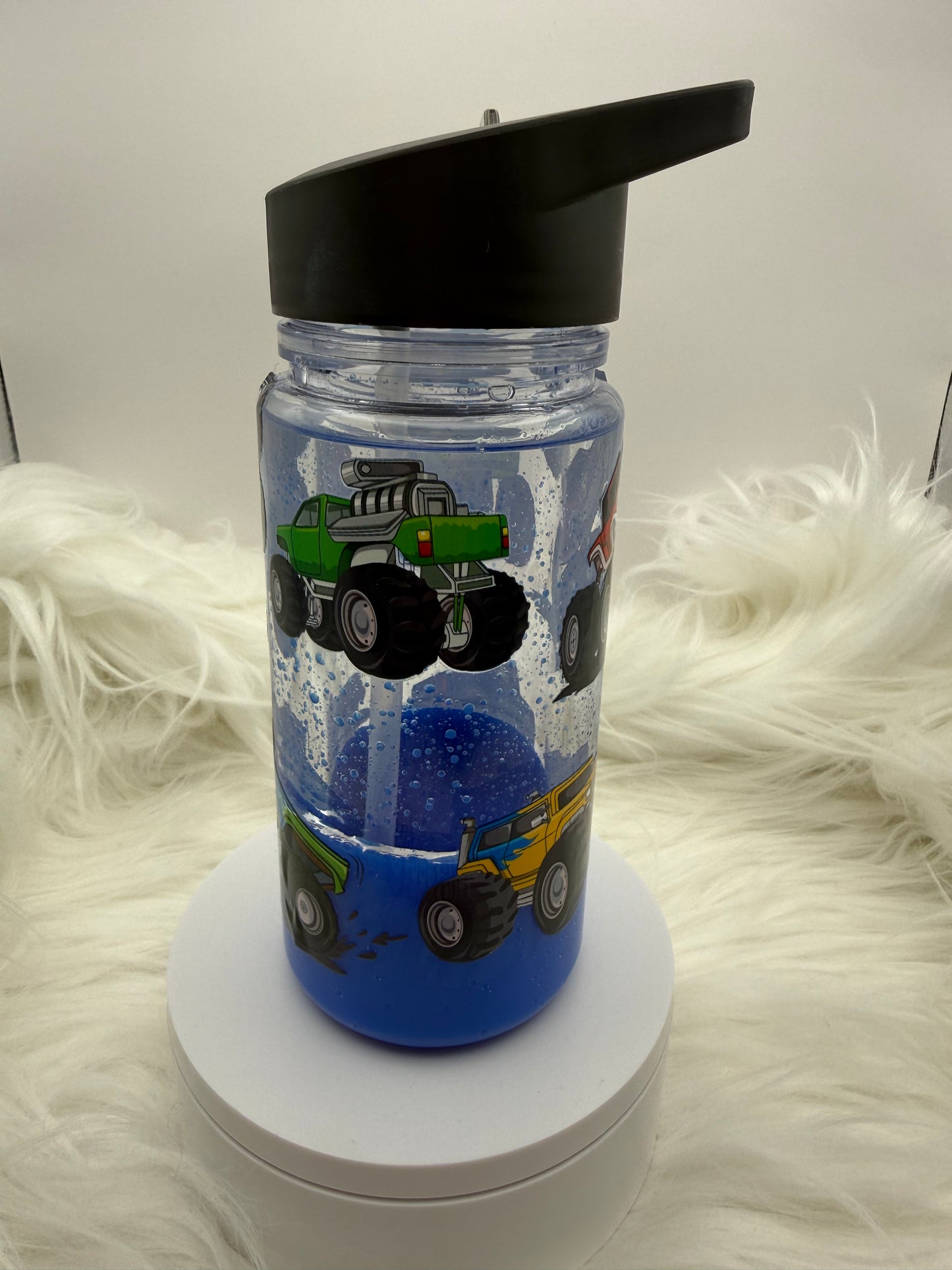 Kelsie - 10oz Acrylic Kids Snowglobe - Blue with Monster Trucks