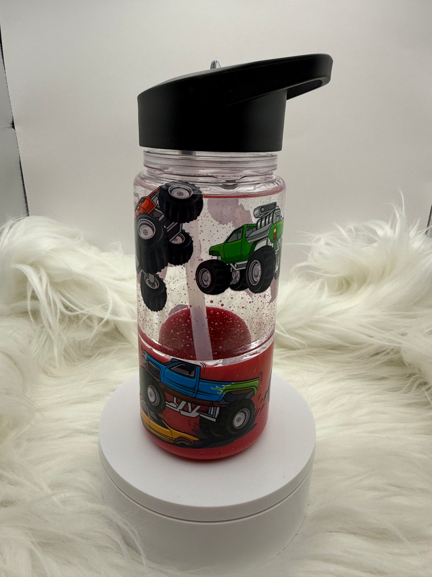 Kelsie - 10oz Acrylic Kids Snowglobe - Red with Monster Trucks